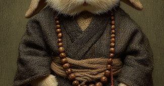 ChatGPT提示词_可爱的小兔子穿着僧衣和竹帽，坐着双腿交叉，手中握着佛珠_gpt会员价格缩略图