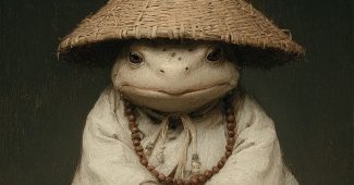 ChatGPT提示词_可爱的小青蛙穿着僧袍和竹帽，双手合十坐姿_chatgpt会员激活码缩略图