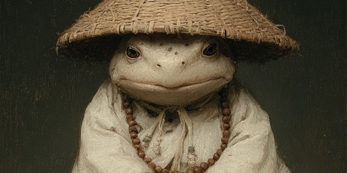 ChatGPT提示词_可爱的小青蛙穿着僧袍和竹帽，双手合十坐姿_chatgpt会员激活码缩略图