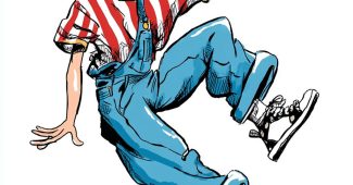 AI提示词_一幅卡通嘻哈男孩的插图，穿着红白条纹的球衣和蓝色宽腿牛仔裤，奔跑姿势，打招呼，风格类似基斯·哈灵_chatgpt5.1缩略图