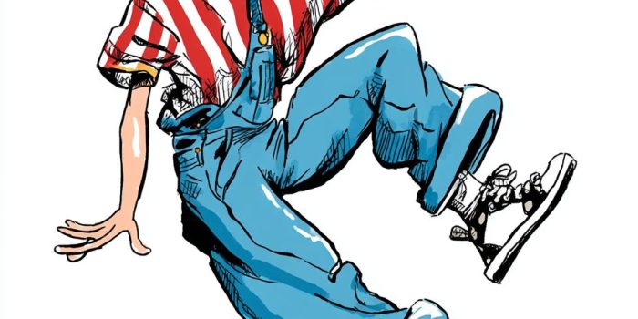 ChatGPT提示词_一幅卡通嘻哈男孩的插图，穿着红白条纹的球衣和蓝色宽腿牛仔裤，奔跑姿势，打招呼，风格类似基斯·哈灵_chatgpt5.1缩略图