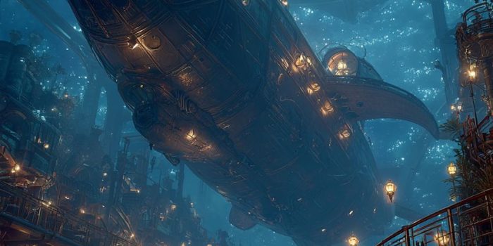 ChatGPT提示词_一艘蒸汽朋克潜艇在发光的海沟中探险_chatgpt.com官网缩略图