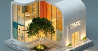 ChatGPT提示词_现代店铺3D等距插图展示了品牌的白色胶囊形建筑，搭配品牌色彩和大弯曲玻璃窗，背景为温暖的渐变光线_chatgpt会员有什么功能缩略图