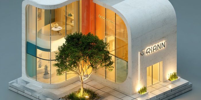 ChatGPT提示词_现代店铺3D等距插图展示了品牌的白色胶囊形建筑，搭配品牌色彩和大弯曲玻璃窗，背景为温暖的渐变光线_chatgpt会员有什么功能缩略图