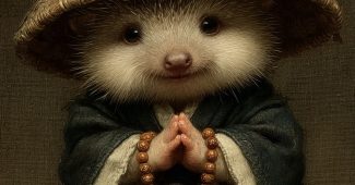 ChatGPT提示词_小刺猬穿着僧衣和竹帽，坐着双腿交叉，手握佛珠，展现可爱的古风气韵_国内如何开通gpt会员卡流程缩略图