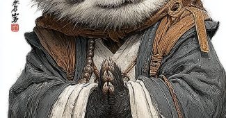 ChatGPT提示词_一只坐着的可爱小熊猫穿着和尚服，手中持有佛珠，恬静地坐着_chatgpt5.0缩略图