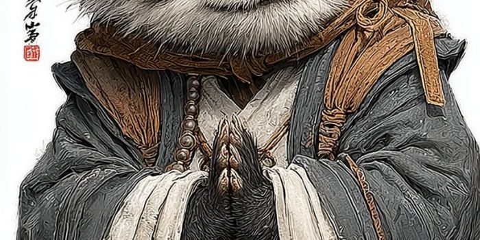 ChatGPT提示词_一只坐着的可爱小熊猫穿着和尚服，手中持有佛珠，恬静地坐着_chatgpt5.0缩略图