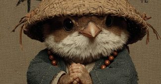 ChatGPT提示词_这是一幅展现古风的可爱小麻雀，坐着穿着僧衣，头戴竹笠，双手合十，胸前挂着佛珠的全身特写_chatgpt官网网页版缩略图