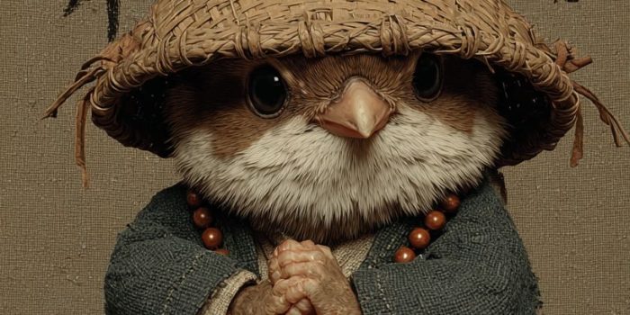 ChatGPT提示词_这是一幅展现古风的可爱小麻雀，坐着穿着僧衣，头戴竹笠，双手合十，胸前挂着佛珠的全身特写_chatgpt官网网页版缩略图