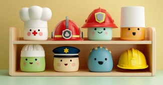 AI提示词_一架彩色的3D卡通风格木架，上面整齐地排列着六顶代表不同职业的帽子_chatgptplus缩略图