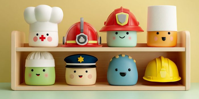 ChatGPT提示词_一架彩色的3D卡通风格木架，上面整齐地排列着六顶代表不同职业的帽子_chatgptplus缩略图