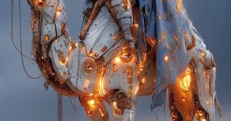 ChatGPT提示词_未来的沙漠游牧者骑着机器人骆驼，星空下的沙丘上散落着发光的科技文物_chatgpt5.1缩略图