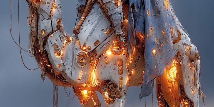 ChatGPT提示词_未来的沙漠游牧者骑着机器人骆驼，星空下的沙丘上散落着发光的科技文物_chatgpt5.1缩略图