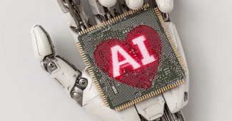 ChatGPT提示词_机械手握着发光的心形微芯片，芯片中嵌入发光字母AI_买gpt会员缩略图