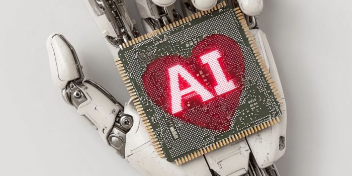 ChatGPT提示词_机械手握着发光的心形微芯片，芯片中嵌入发光字母AI_买gpt会员缩略图