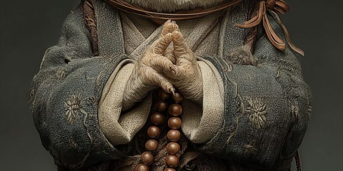 ChatGPT提示词_一只可爱的小猫头鹰穿着僧袍和竹帽，坐在那儿双手合十_chatgpt网页缩略图