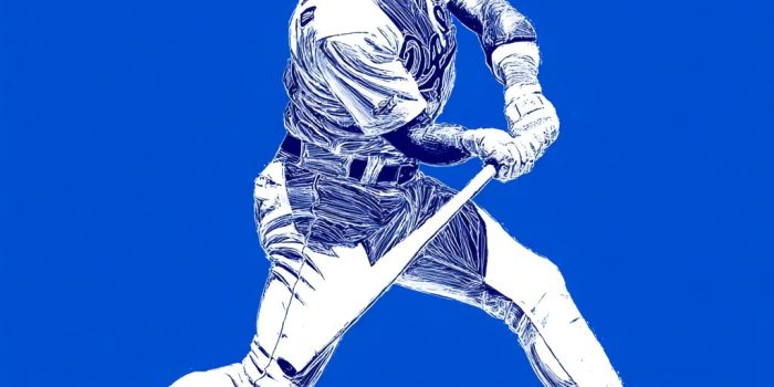 ChatGPT提示词_一个简单的白色线条绘制的图标，在明亮的蓝色背景上，描绘了一位看起来像巴里·邦兹的棒球运动员_chatgpt5.0下装缩略图