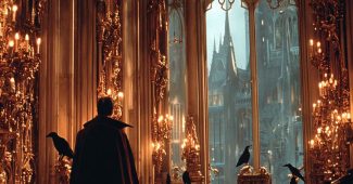 AI提示词_一个哥特式吸血鬼领主在衰败的城堡中，穿着深红色天鹅绒长袍，周围是阴影中的乌鸦，气氛神秘而阴暗_chatgpt人工智能在线网页缩略图