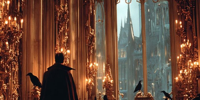 ChatGPT提示词_一个哥特式吸血鬼领主在衰败的城堡中，穿着深红色天鹅绒长袍，周围是阴影中的乌鸦，气氛神秘而阴暗_chatgpt人工智能在线网页缩略图