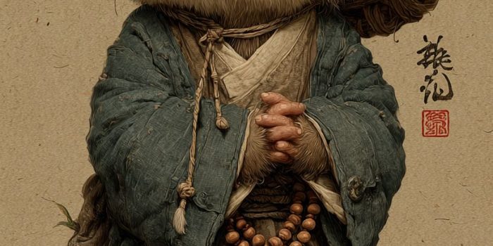 ChatGPT提示词_一只可爱的小鼬鼠穿着僧人服装，坐着双腿交叉，手中握着佛珠，身着竹帽，呈现古代中国风格_chatgpt会员版缩略图