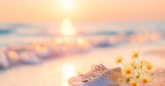 ChatGPT提示词_日出时分，轻蓝帆布鞋和黄色小花在平静海滩上相映成趣_国内如何买gpt会员卡便宜缩略图