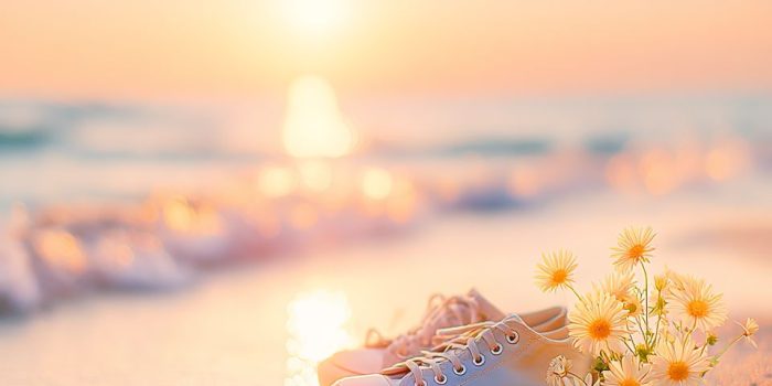 ChatGPT提示词_日出时分，轻蓝帆布鞋和黄色小花在平静海滩上相映成趣_国内如何买gpt会员卡便宜缩略图