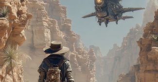 ChatGPT提示词_一个蒸汽朋克探险者在沙漠峡谷中，空中飞艇悬停，发光的黄铜指南针_chatgpt会员共享缩略图