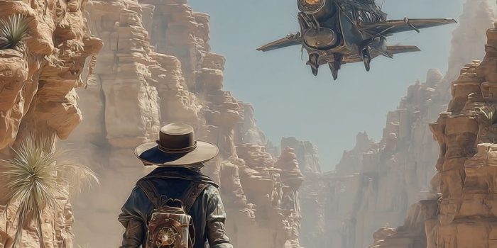 ChatGPT提示词_一个蒸汽朋克探险者在沙漠峡谷中，空中飞艇悬停，发光的黄铜指南针_chatgpt会员共享缩略图