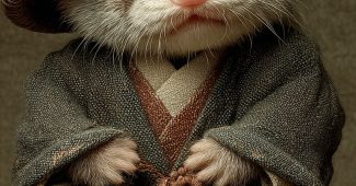 ChatGPT提示词_一只可爱的古风小狸子，端坐穿着僧衣、竹帽，手握佛珠_chatgptplus缩略图