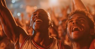 AI提示词_1998年NBA总决赛庆祝活动中，芝加哥公牛的球迷们欢庆，举着乔丹23号球衣和公牛旗帜_如何购买gpt会员缩略图