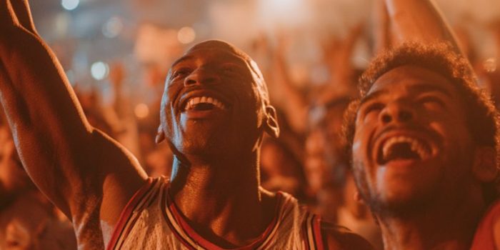 ChatGPT提示词_1998年NBA总决赛庆祝活动中，芝加哥公牛的球迷们欢庆，举着乔丹23号球衣和公牛旗帜_如何购买gpt会员缩略图