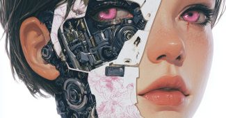 AI提示词_一位美丽的年轻女性，短发和粉色眼睛，半张脸是黑色金属部件的机械皮肤，具有贴纸风格的纹身设计_chatgpt会员共享缩略图