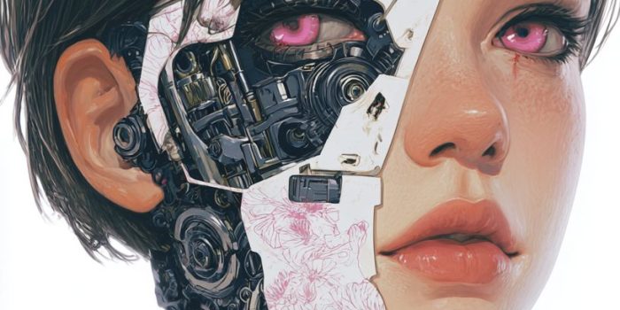 ChatGPT提示词_一位美丽的年轻女性，短发和粉色眼睛，半张脸是黑色金属部件的机械皮肤，具有贴纸风格的纹身设计_chatgpt会员共享缩略图