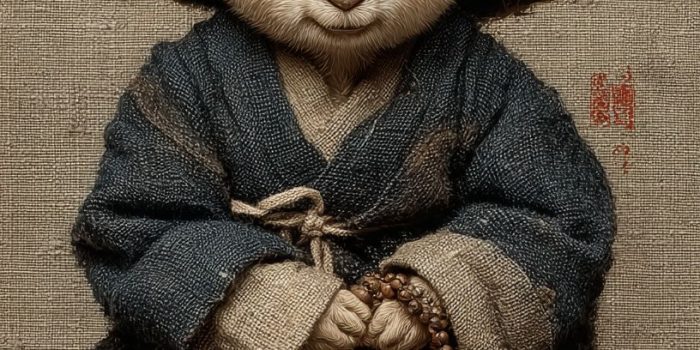 ChatGPT提示词_可爱的小鹿身穿僧袍，坐姿交叉腿，手握佛珠，古风竹帽，前面全身特写_chatgptplus官网缩略图