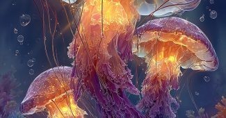 AI提示词_一个超现实的海洋，漂浮着水母岛和发光的珊瑚结构_chatgpt5.0可以用吗缩略图