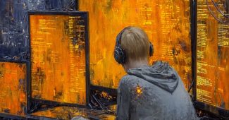 ChatGPT提示词_一个网络朋克黑客在黑暗的霓虹灯房间里，四周被显示流动代码的全息屏幕包围_chatgpt5.0有出吗缩略图