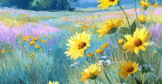 ChatGPT提示词_一幅阳光明媚的草地上盛开着金色向日葵和柔和绿草的插图_chatgpt网页版官网缩略图