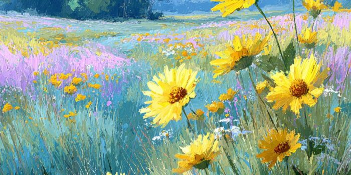 ChatGPT提示词_一幅阳光明媚的草地上盛开着金色向日葵和柔和绿草的插图_chatgpt网页版官网缩略图