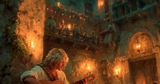 ChatGPT提示词_一位在魔法酒馆中演奏发光琵琶的幻术吟游诗人，顾客们在跳舞，温暖的火光下，氛围舒适而神秘_chatgpt中文版官网版缩略图