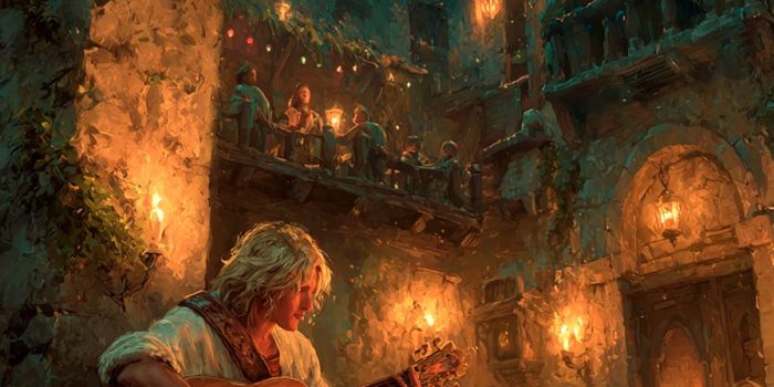 ChatGPT提示词_一位在魔法酒馆中演奏发光琵琶的幻术吟游诗人，顾客们在跳舞，温暖的火光下，氛围舒适而神秘_chatgpt中文版官网版缩略图