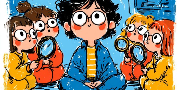 ChatGPT提示词_一个可爱的胖小孩坐在房间中央冥想，周围是好奇的孩子们手持大放大镜_chatgpt5.1 科研级缩略图