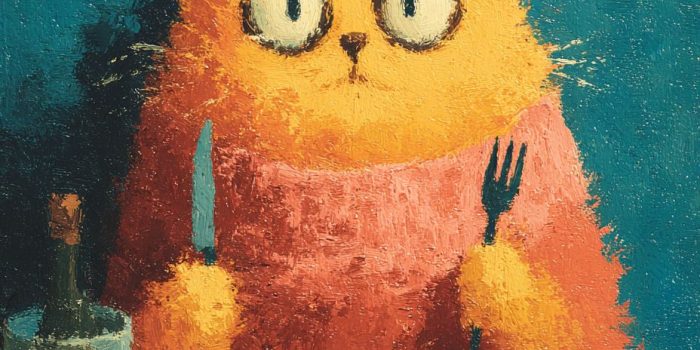 ChatGPT提示词_一只大胖橘猫坐在餐桌前，带着粉色围巾和刀叉，惊讶神情注视着桌上的大鱼_chatgpt会员怎么购买缩略图