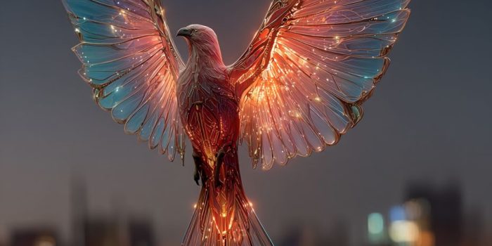 ChatGPT提示词_一只来自数字灰烬的赛博凤凰，背景是未来城市的发光电路翅膀_chat gpt会员的作用缩略图