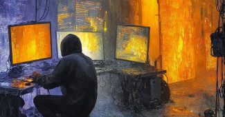 ChatGPT提示词_一个赛博朋克黑客在暗淡的霓虹灯房间里，周围是显示滚动代码的全息屏幕，发光的赛博格植入物_chatgpt网页版本缩略图