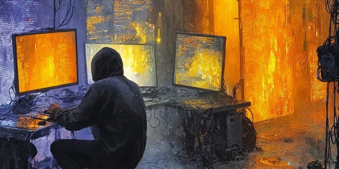 ChatGPT提示词_一个赛博朋克黑客在暗淡的霓虹灯房间里，周围是显示滚动代码的全息屏幕，发光的赛博格植入物_chatgpt网页版本缩略图