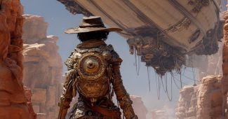 ChatGPT提示词_一位蒸汽朋克探险家在沙漠峡谷中，空中飞艇悬停，黄铜指南针发光_买gpt会员缩略图