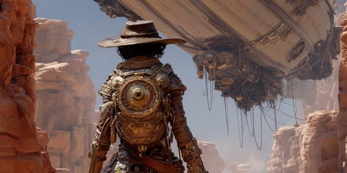 ChatGPT提示词_一位蒸汽朋克探险家在沙漠峡谷中，空中飞艇悬停，黄铜指南针发光_买gpt会员缩略图