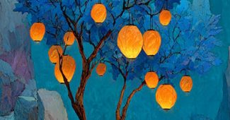 ChatGPT提示词_一幅超现实的数字画作，描绘了一个结满发光灯笼的树和梦幻的夜空_chatgpt下栽缩略图