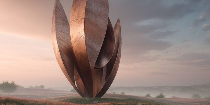 ChatGPT提示词_在耀眼的铜色平原中心，一座巨大的有机结构像数据花朵般绽放，周围草地波动，展示自然与知识的交融_gpt会员多少钱一年缩略图