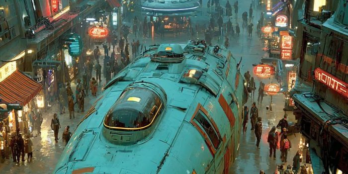 ChatGPT提示词_一个复古未来主义的太空港口，飞船流线型，霓虹招牌，外星人熙熙攘攘_chatgpt中文版官网缩略图